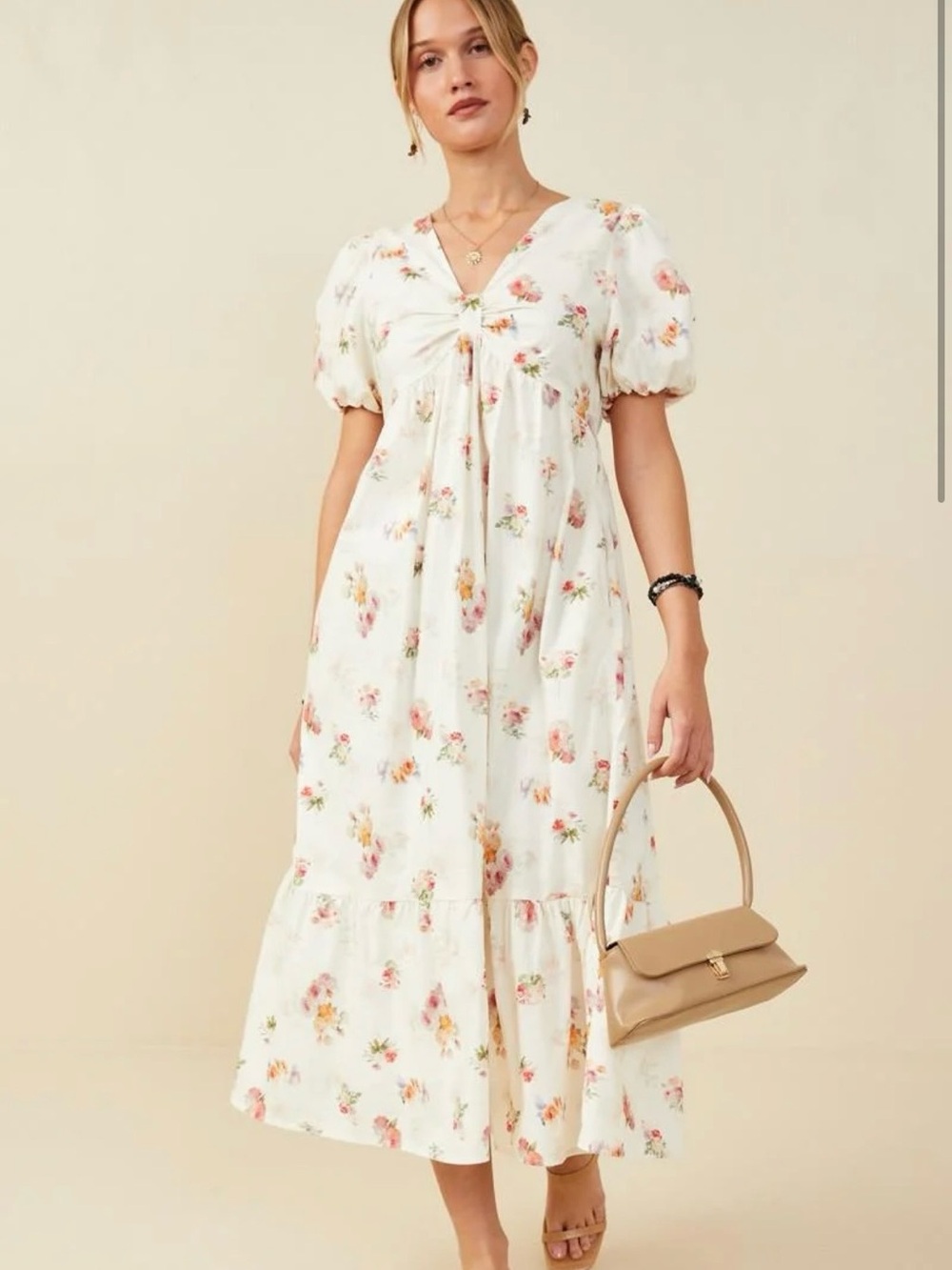 Hayden Ivory Floral Midi Dress with Pink & Yellow Blossoms